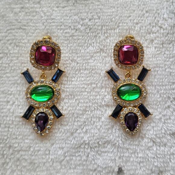 Multi-Color Jeweled Gem Statement Dangle Earrings – Gold Tone Rhinestone Drops - Picture 9 of 12